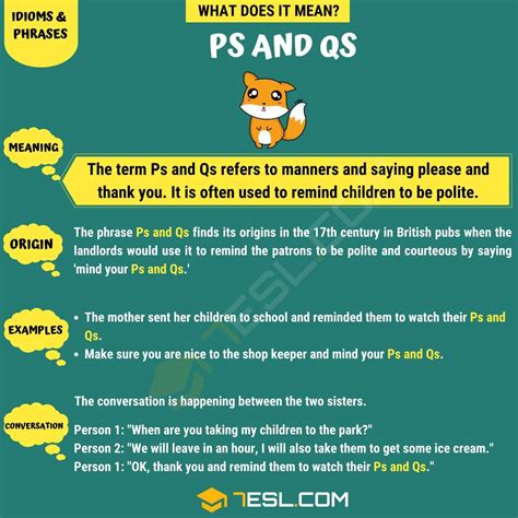 P's and q's is a plural noun that means something (such as one's manners) that one should be careful about always minding. It comes from the phrase mind one's p's and q's, which is an idiom for being careful with one's writing. Learn more about its origin, usage, and synonyms from the Merriam-Webster dictionary. 